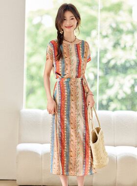 时尚印花一片两穿法2025新款连衣裙女夏季系带收腰侧开叉过膝长裙