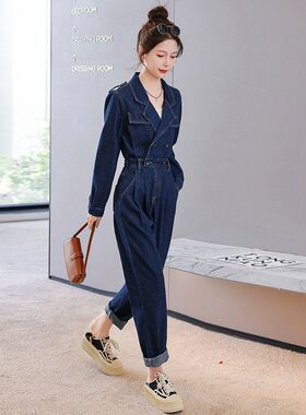 时尚工装牛仔连体裤女2025年春季时尚百搭减龄百搭阔腿裤连体衣潮