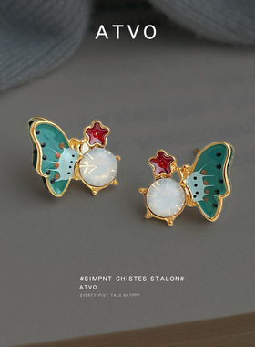 珐琅滴釉手工彩绘清新甜美森系创意超仙蝴蝶耳钉新款耳饰工厂饰品