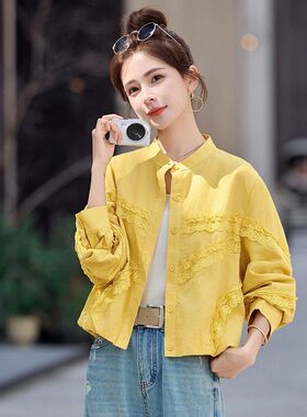 2026春装新品法式温柔风短外套女蕾丝拼接设计感衬衫通勤休闲上衣