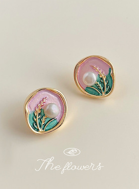 淡水珍珠忘忧草油画系列麦穗花朵镀14k耳钉 清新甜美工厂耳饰