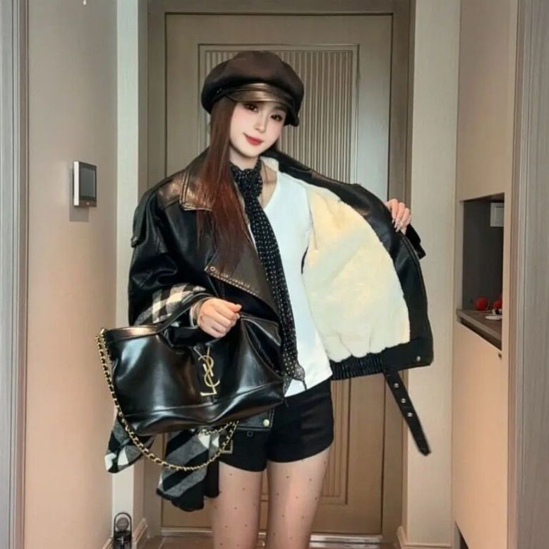 加绒加厚秋冬新款皮衣外套女港风辣妹百搭皮夹克韩版风宽松机车服