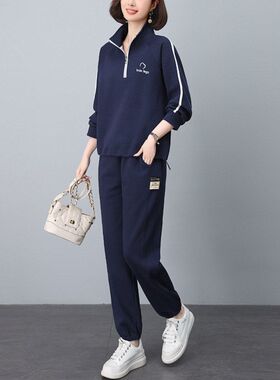运动服套装女2025年春秋新款大码宽松中年妈妈休闲立领卫衣两件套