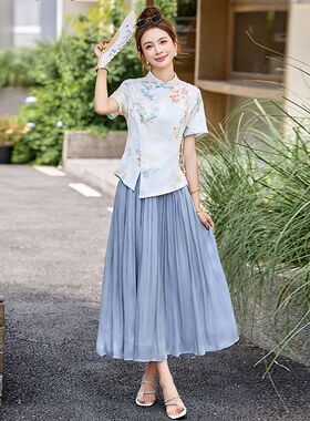 2025夏新款新中式国风时尚气质立领盘扣短袖上衣半身裙两件套女