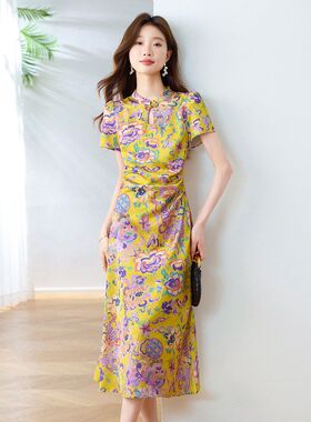 新中式国风复古时尚黄色印花改良旗袍裙修身显瘦禅意短袖连衣裙