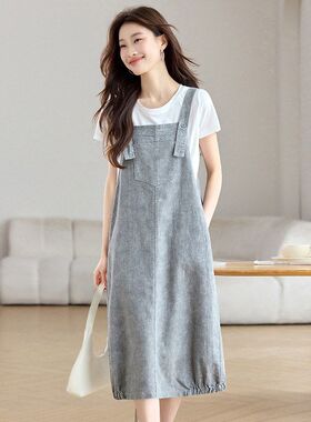 时尚套装女夏2025新款宽松洋气减龄工装棉麻背带连衣裙T恤两件套