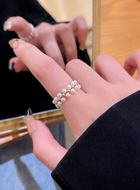 双排珍珠戒指女轻奢小众设计高级感开口戒简约个性时尚指环批发