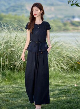 休闲时尚气质套装女2025夏季设计感收腰减龄显瘦阔腿裤两件套