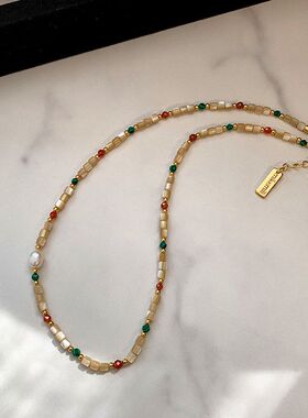 天然淡水彩色多巴胺石头串珠珍珠项链女高级感轻奢小众锁骨链颈链
