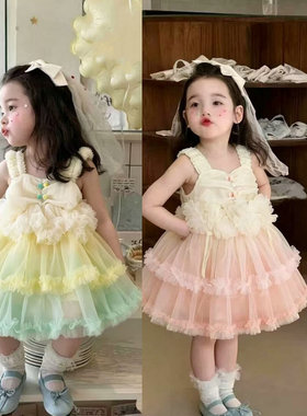 儿童装女童裙子蓬蓬网纱拼色鲜艳连衣裙公主裙2026夏装新款萌