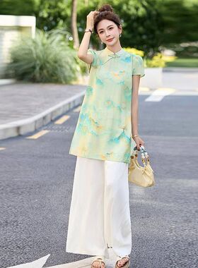 新中式国风套装女2025夏季设计感复古盘扣立领印花上衣阔腿裤套装