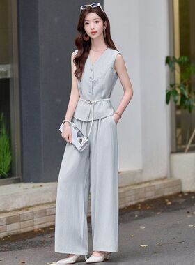 轻熟风V领马甲阔腿裤两件套女2026夏新款气质两件套收腰显瘦套装