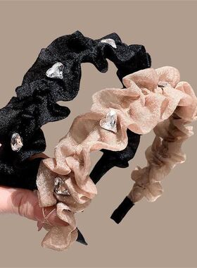 褶皱泡泡纱发箍仙气爱心闪亮水钻头箍网红优雅甜美发卡减龄发窟