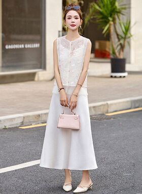 新中式套装连衣裙女夏季2025新款薄纱重工刺绣马甲吊带长裙两件套