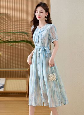 雪纺纱料连衣裙2025女新款气质收腰小个子显瘦遮肚减龄漂亮裙子