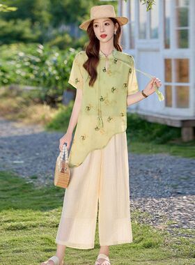 新中式国风印花套装女2025夏新款超好看不规则上衣阔腿裤两件套