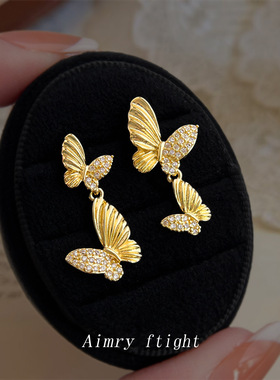 不对称设计清新甜美微镶锆石蝴蝶耳环森系小众个性新款工厂耳饰女