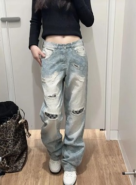 美式做旧破洞阔腿牛仔裤女2025夏季新款高腰宽松显瘦直筒拖地裤