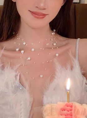 满天星多层珍珠项链女法式高级感纯欲轻奢锁骨链悬浮鱼线叠戴颈链