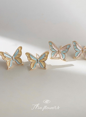 森系小清新可爱甜美滴油小蝴蝶耳钉镀14K优雅气质耳饰工厂饰品女
