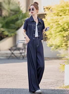 时尚牛仔套装女2025春夏季新款女短款外套盐系百搭阔腿裤两件套