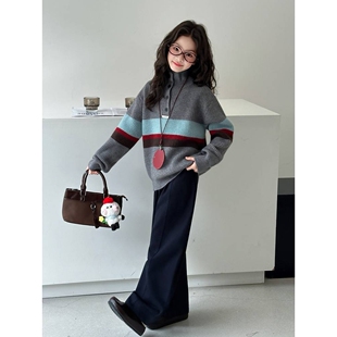 商场品牌女童秋冬季条纹时尚高领毛衣2025新款初中生超好看冬季牛