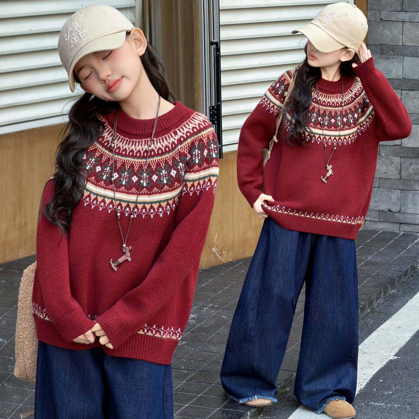 商场品牌女童深秋加厚毛衣2025新款儿童秋冬保暖提花中大童红色年