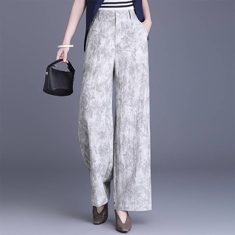 商场品牌亚麻高腰印花阔腿裤女2026夏季新款垂感显瘦休闲直筒裤宽