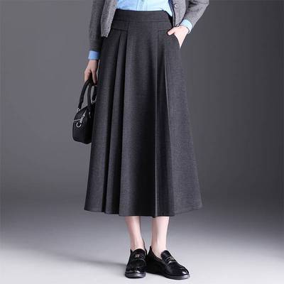 毛呢百褶半身裙女2025秋冬新款高腰a字裙中长垂坠感显瘦大摆伞裙