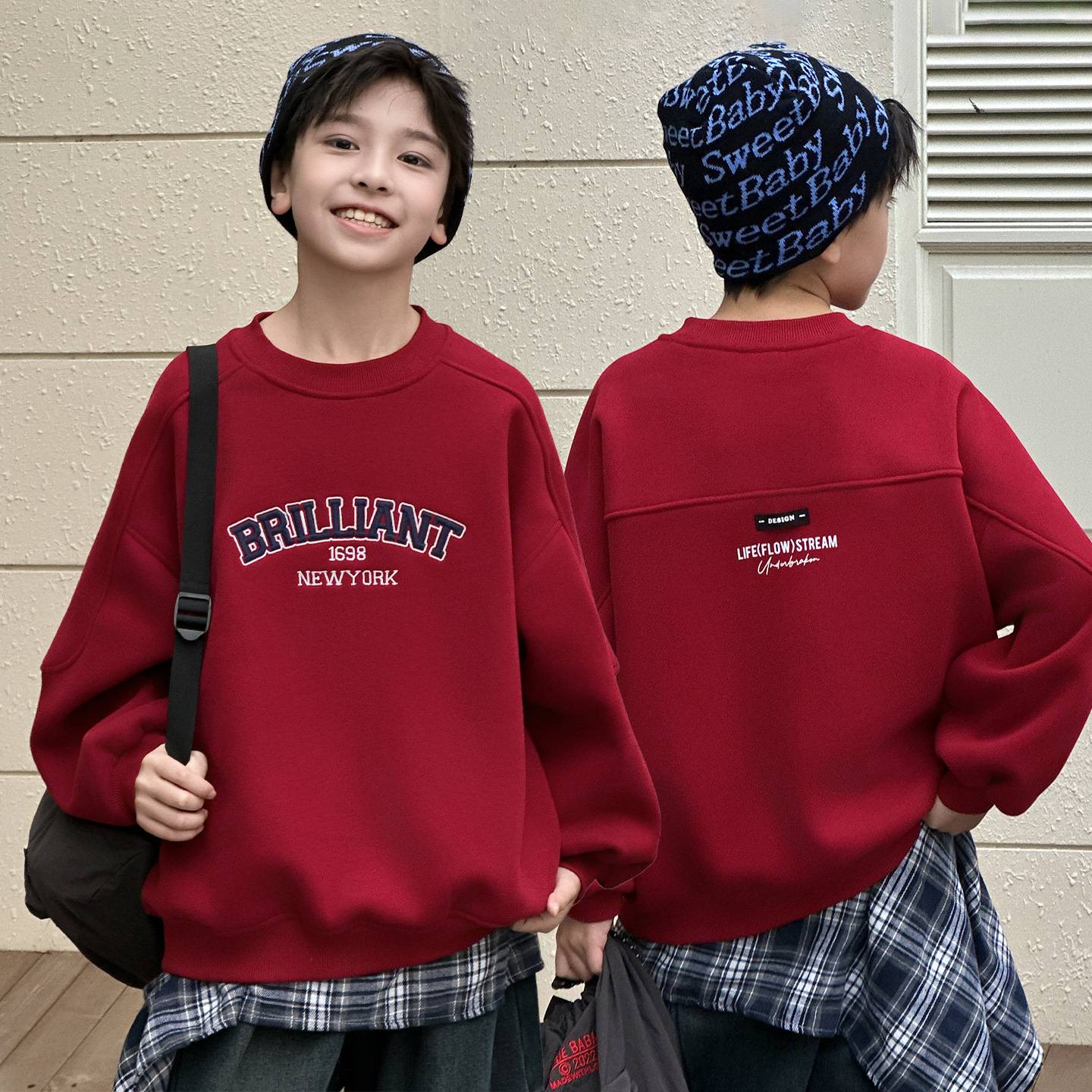 商场品牌男女童红色加绒卫衣一体绒2025新款儿童上衣中大童打底衫