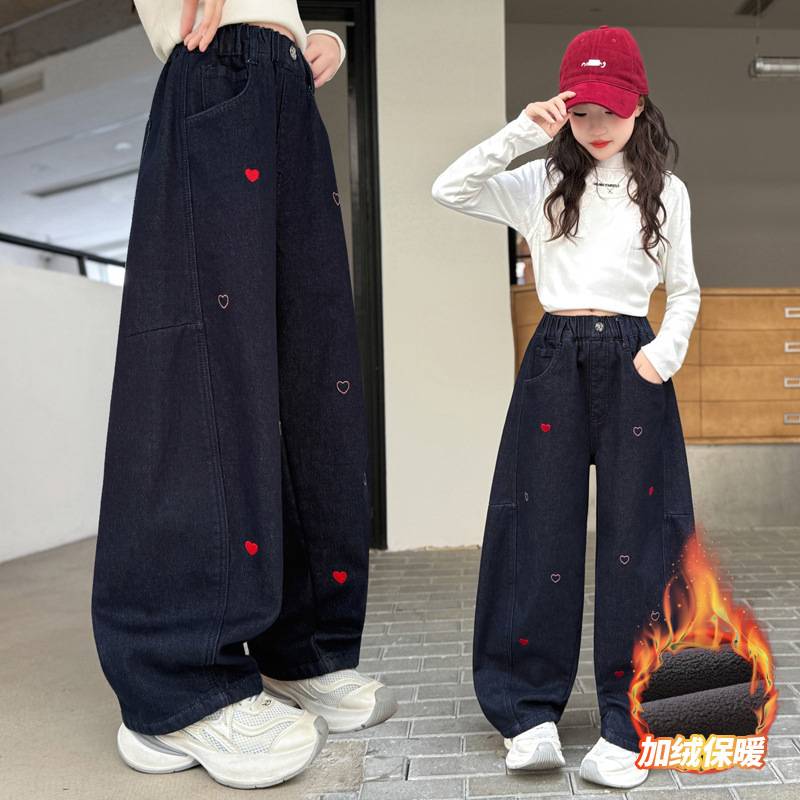 商场品牌女童加绒牛仔裤秋冬儿童一体绒外穿洋气弯刀裤中大童冬季