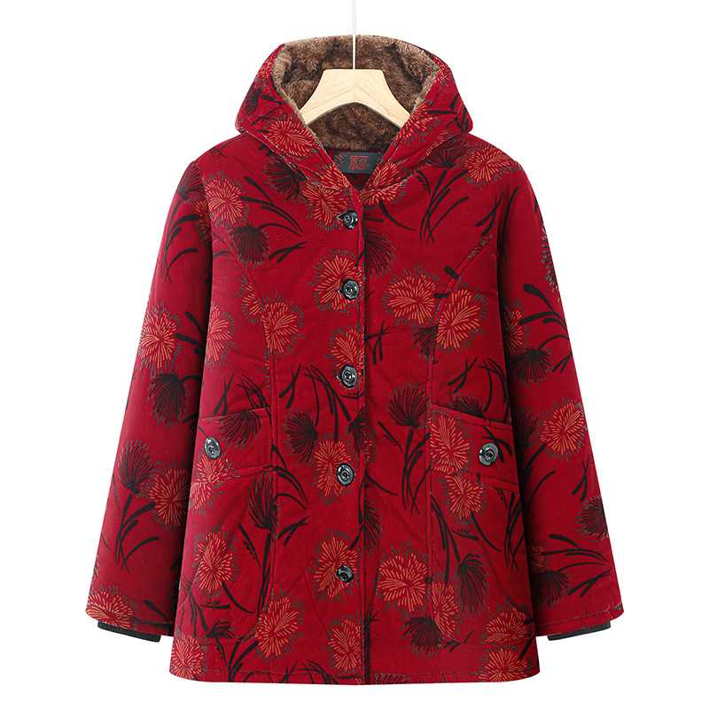 专柜品牌奶奶连帽棉服中老年女装加厚保暖妈妈装红色棉袄纽扣宽松