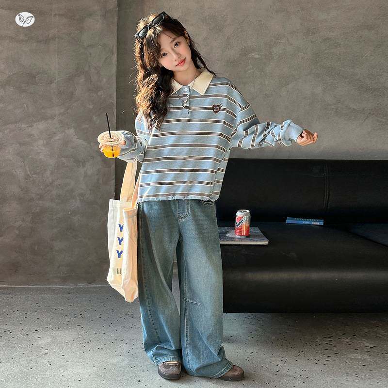 商场品牌女童卫衣套装2026春季新款中大童条纹POLO衫牛仔裤早春两