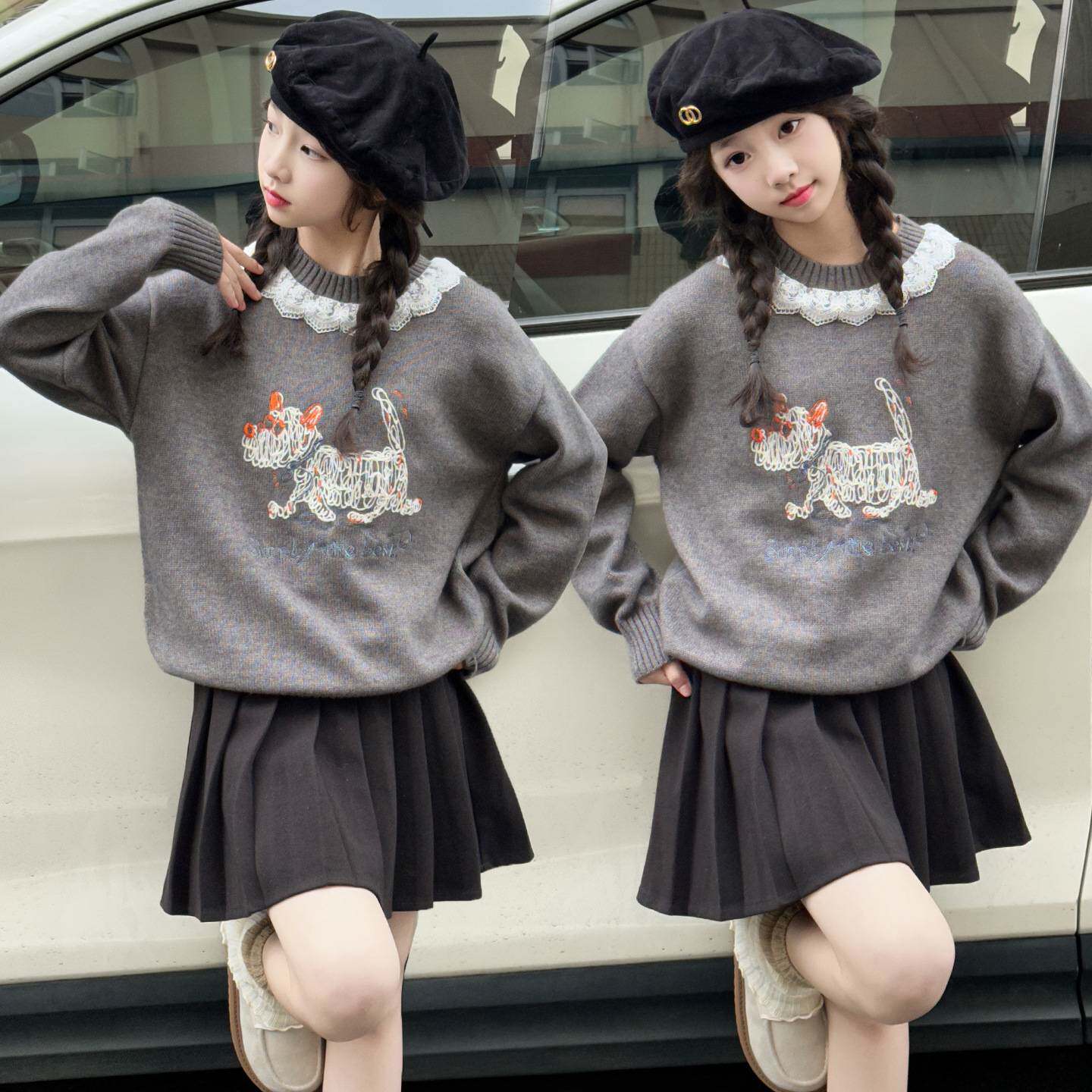 商场品牌女童秋冬加厚毛衣2025新款儿童针织衫中大童灰色抗起球毛