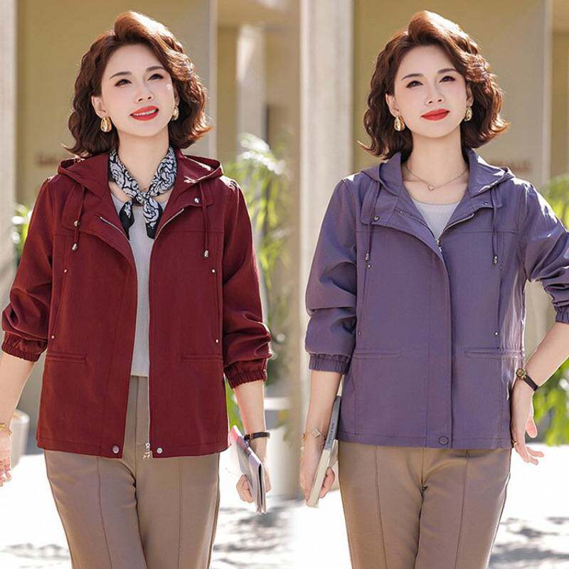 商场品牌春季时尚简约纯色连帽外套中老年女装百搭显瘦大码夹克上