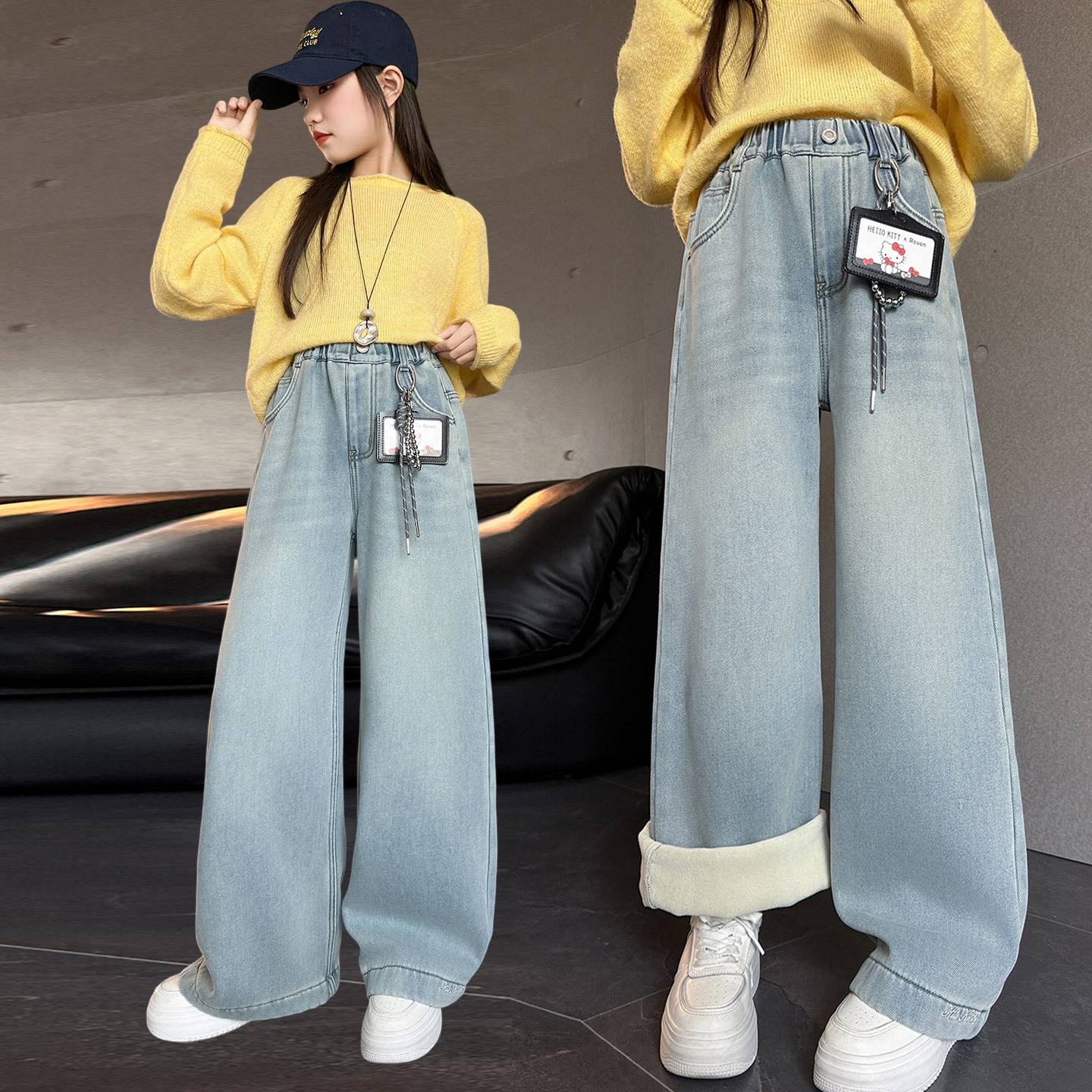 商场品牌女童冬装加绒牛仔裤2025新款儿童卡通挂件大童时髦一体绒