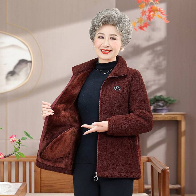 商场品牌冬季新款中老年羊羔绒加绒加厚外套女时尚宽松显瘦摇粒绒