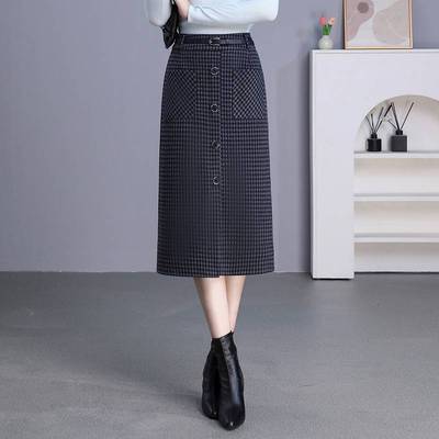 气质格子毛呢包臀裙半身裙女2025秋冬季新款高腰一步裙中长直筒裙