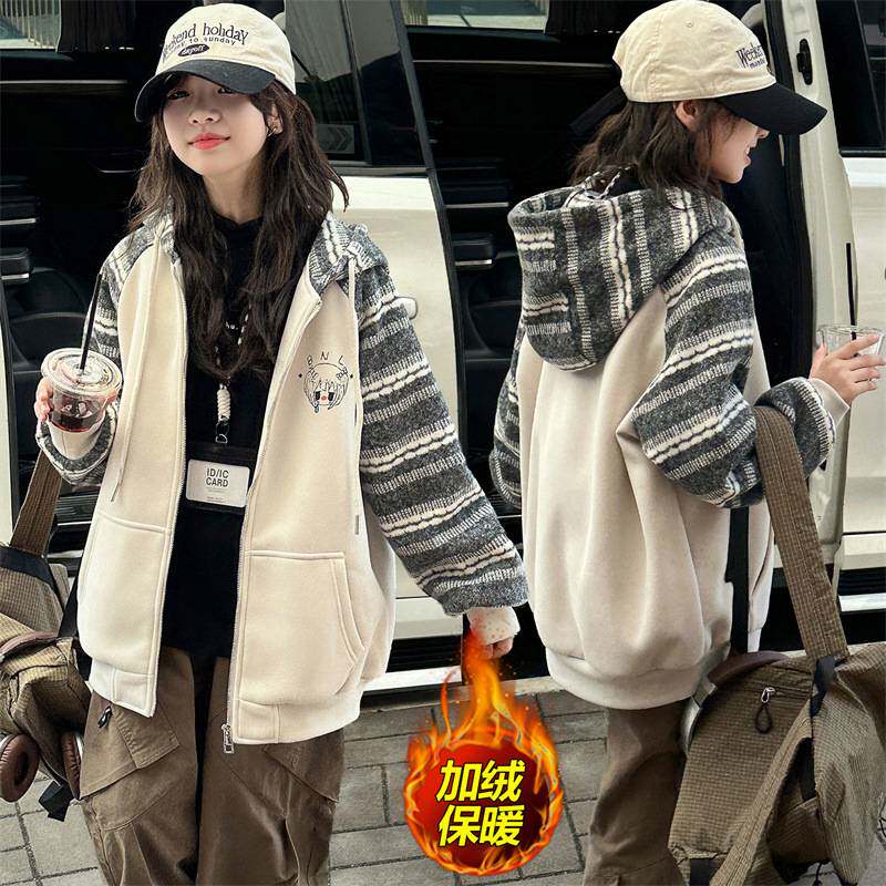 商场品牌女童学院风拼接连帽卫衣开衫韩系百搭格纹外套双层加厚秋