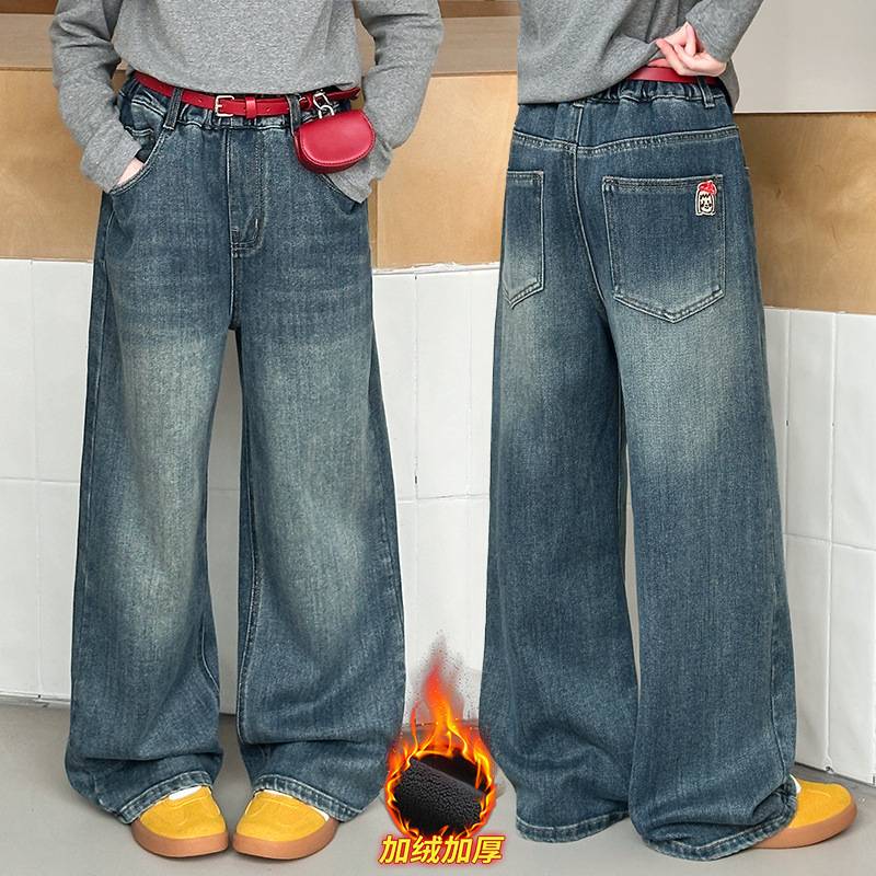 商场品牌女童装春秋冬季加厚直筒裤中大童休闲一体加绒裤子韩系洋