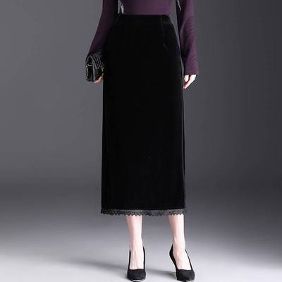 时尚金丝绒半身裙女2025年秋季新款高腰一步裙包臀开叉休闲中长裙