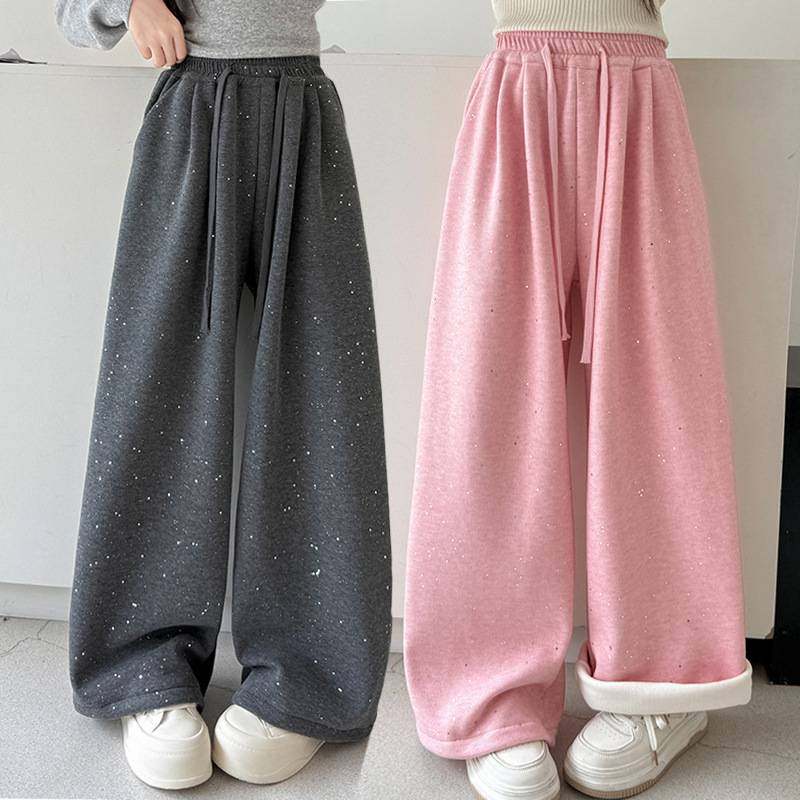 商场品牌女童糯米裤加绒加厚2025新款儿童韩系大童宽松阔腿裤撒银