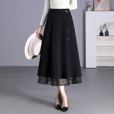 时尚网纱拼接A字半身裙女2025秋冬季新款质感休闲大摆高腰中长裙