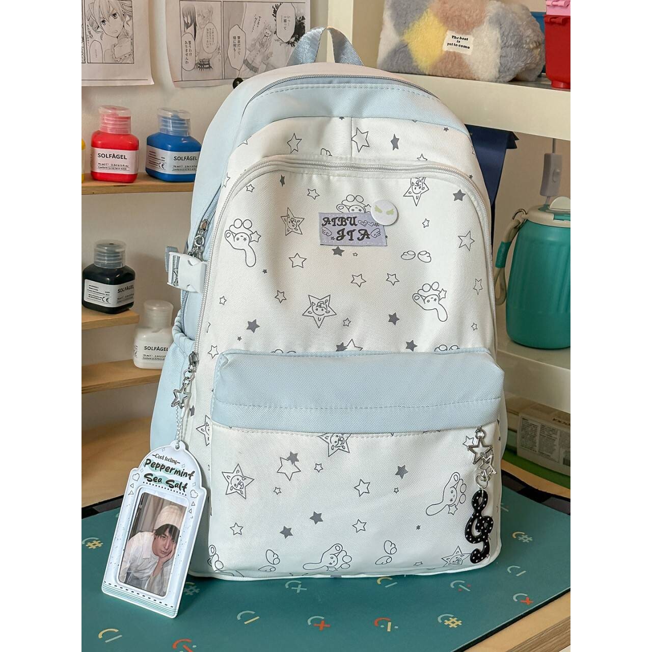 专柜品牌日系isn可爱星星印花学生双肩包小众高颜值拼色大容量书