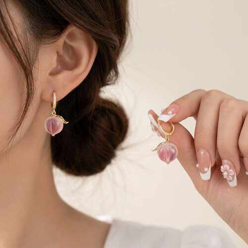 专柜品牌甜美气质粉色水蜜桃耳环女小众设计感精致满钻耳饰品新款