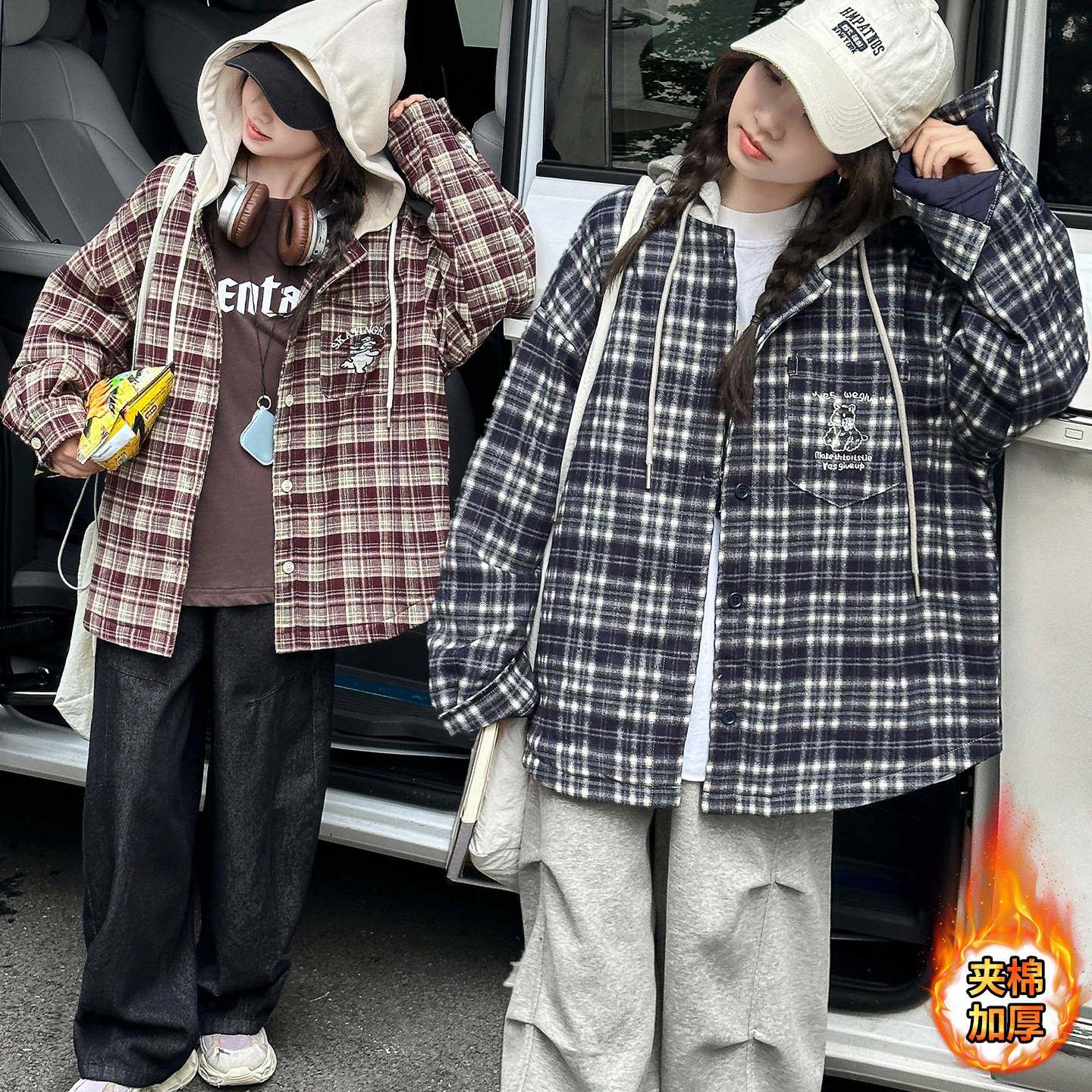 商场品牌女童连帽夹棉格子衬衫外套2025秋冬新款韩系休闲加厚拼接