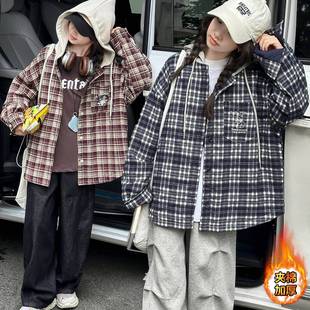 商场品牌女童连帽夹棉格子衬衫外套2025秋冬新款韩系休闲加厚拼接