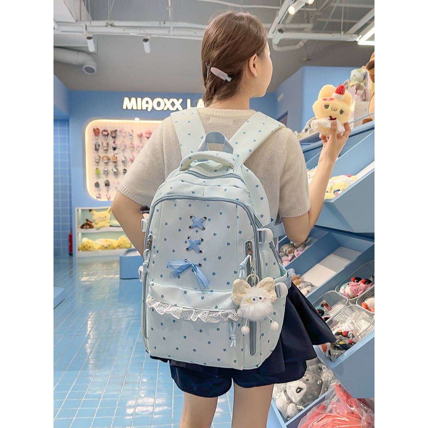 专柜品牌韩系温柔浅蓝氛围感蕾丝花边双肩包高颜值初高中女生软妹