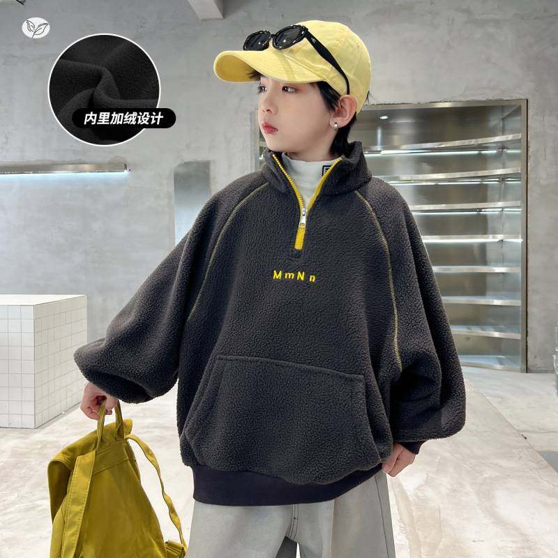 商场品牌男童2025年秋冬新款字母刺绣半拉链加绒卫衣男大童休闲家