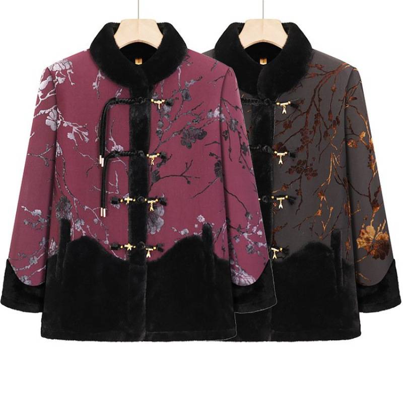 商场品牌老人冬季保暖棉衣中老年人妈妈一体绒加绒外套女奶奶毛领